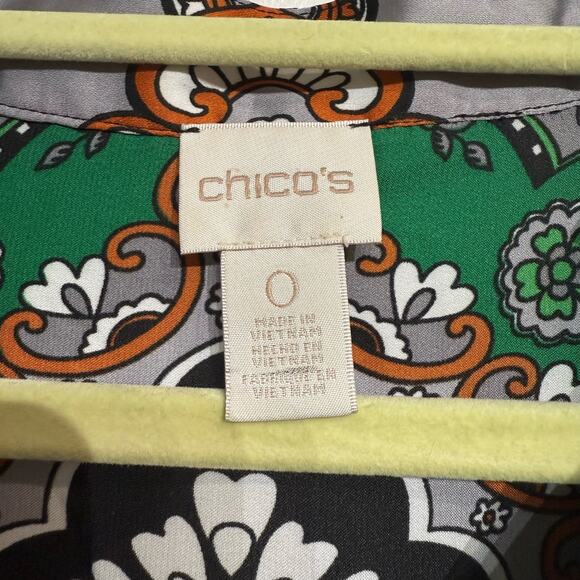 Chico's Green Print Satin V-Neck Blouse Sz 0/S - Picture 5 of 13